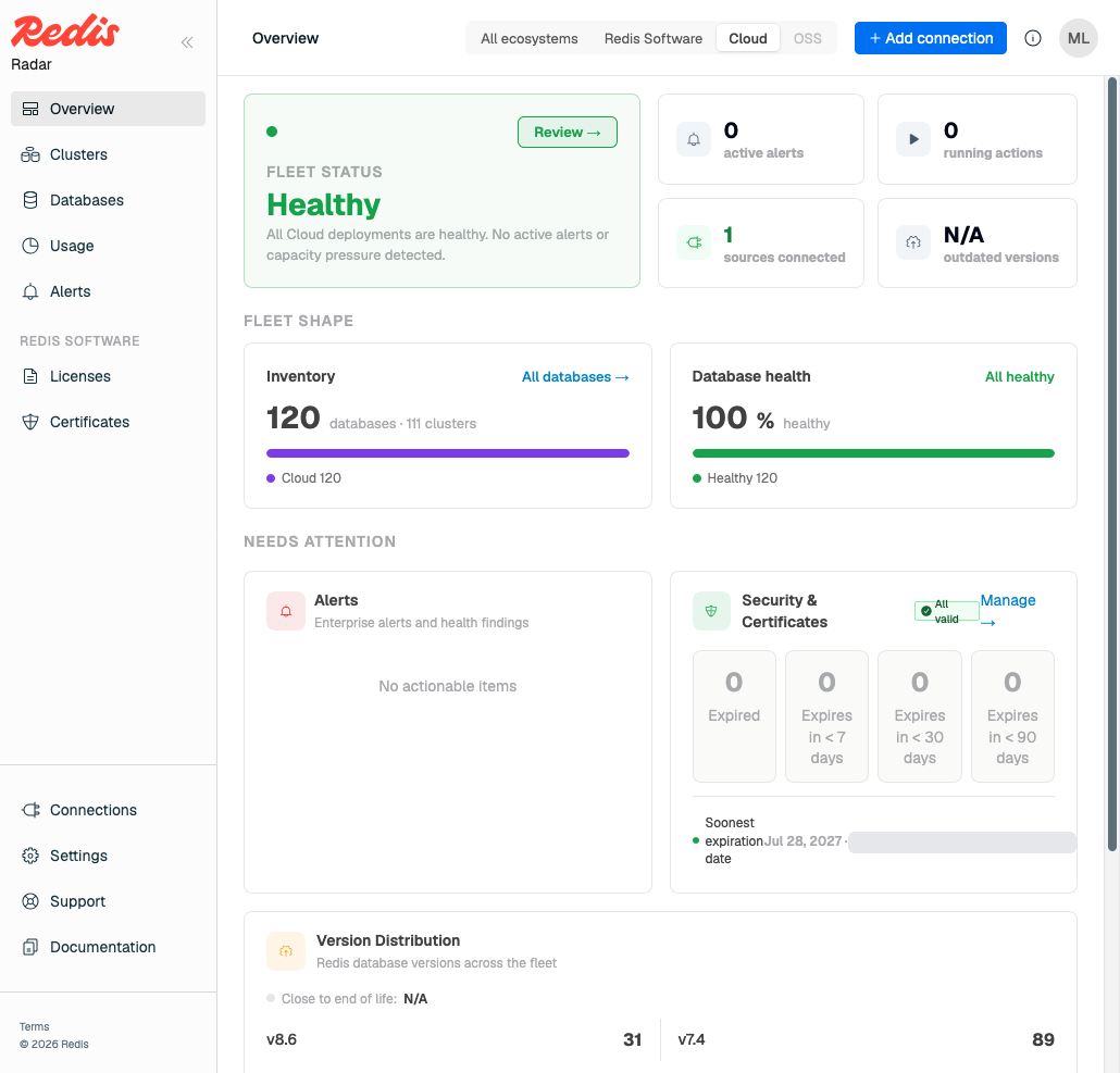 The Radar Overview page, showing fleet status, inventory, database health, alerts, certificates, and version distribution