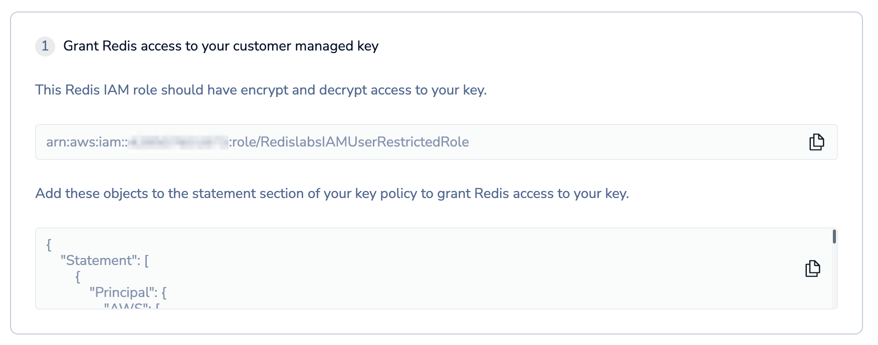 The Grant Redis your customer-managed key section shows the IAM role that needs access to your key and objects to add to your key policy.