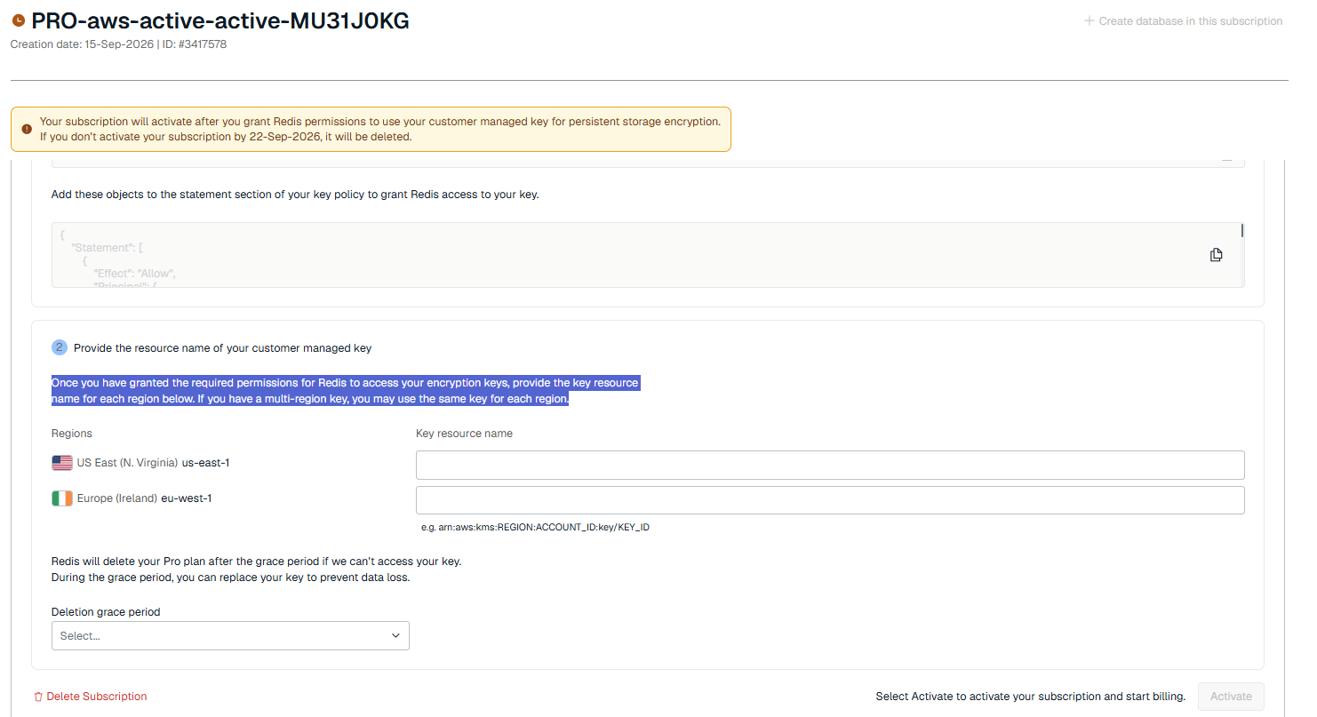 For an Active-Active subscription, the Provide the resource name of your customer managed key section has a Key resource name field for each region.