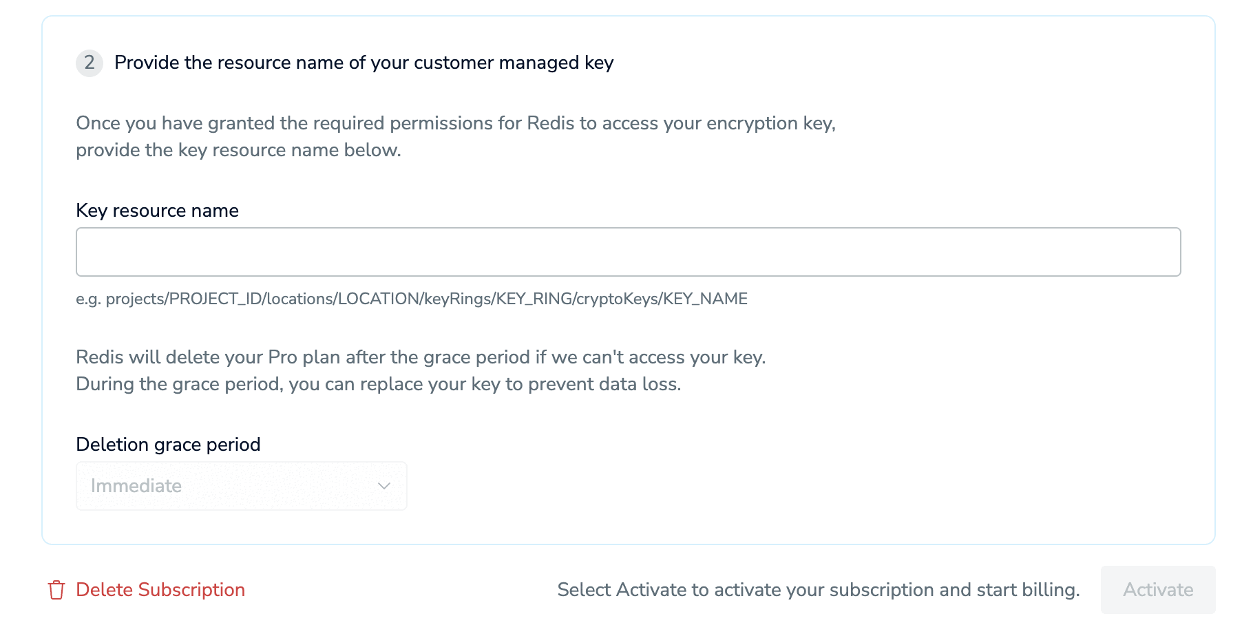 The Provide the name of your customer-managed key section lets you provide your key to Redis.