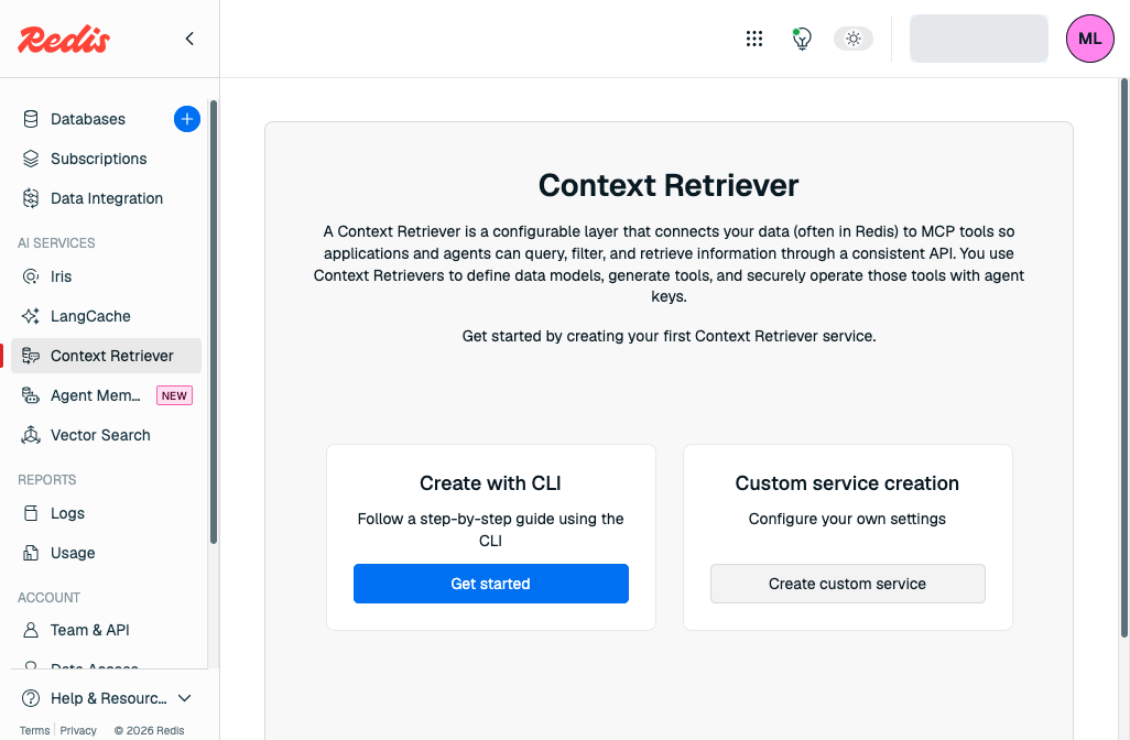 The Context Retriever page in the Redis Cloud console, with Create with CLI and Create custom service options.