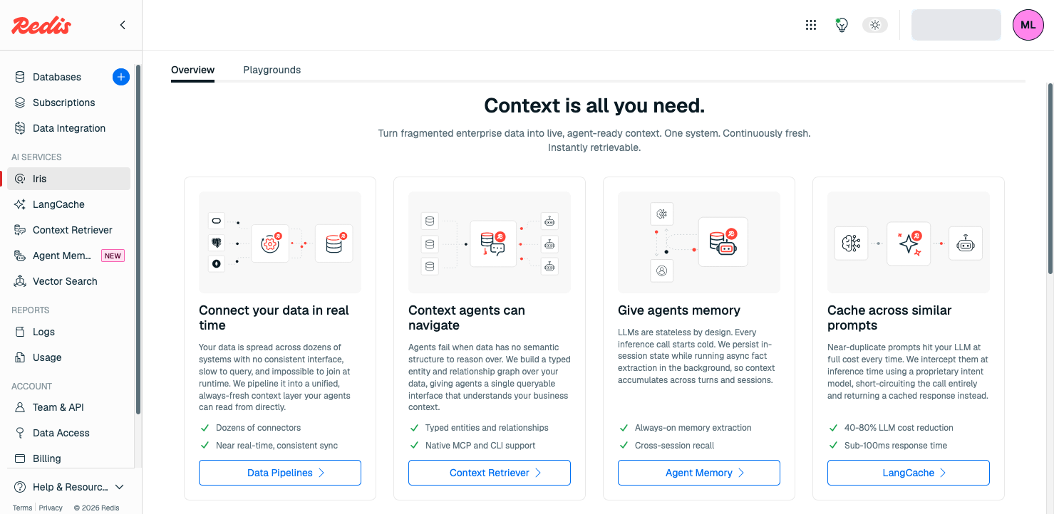 The Redis Iris overview page in the Redis Cloud console, with cards for Data Pipelines, Context Retriever, Agent Memory, and LangCache.
