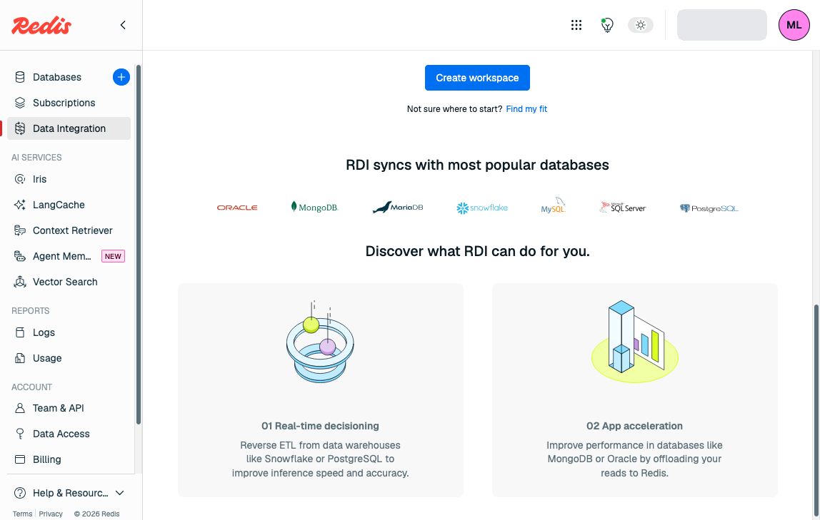 The Data Integration page in the Redis Cloud console, with the Create workspace button and supported source databases.