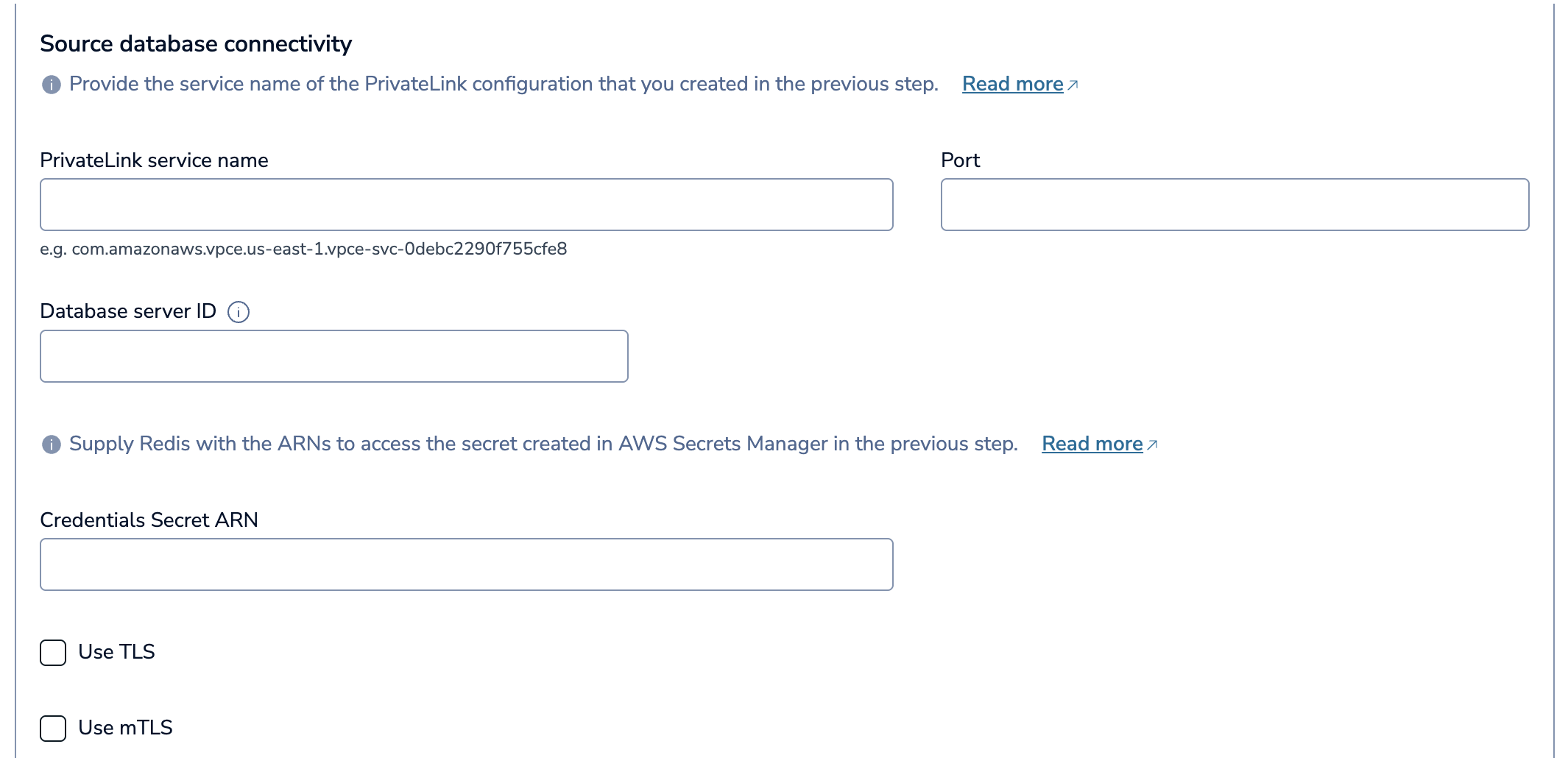 The Source database connectivity section, with database connection details and connectivity options.