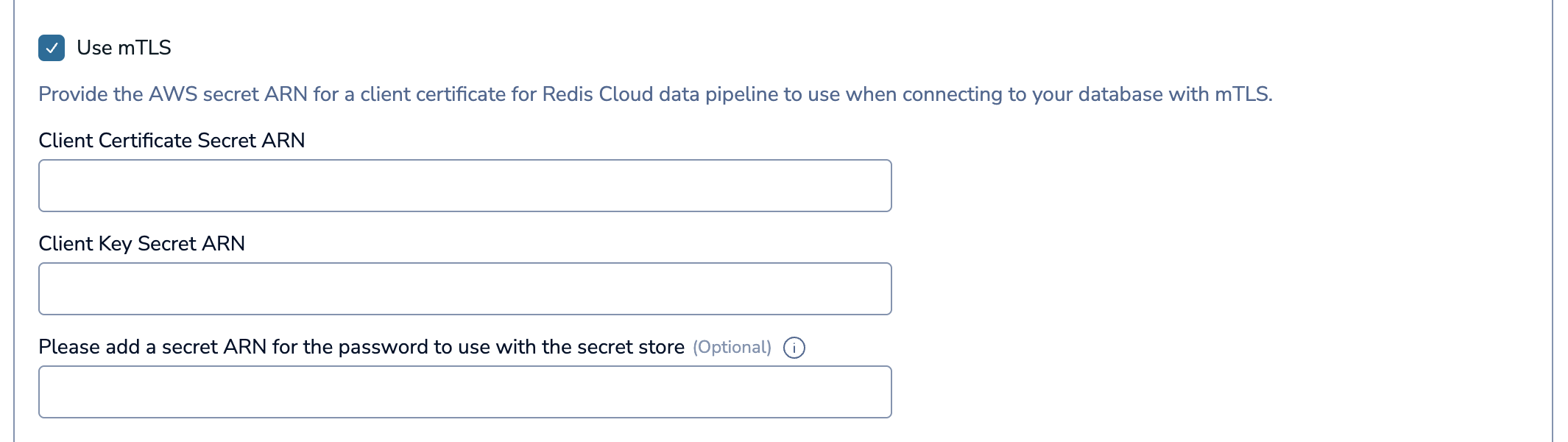 The Source database connectivity section, with Use TLS selected and the Client Certificate Secret ARN and Client Key Secret ARN fields.