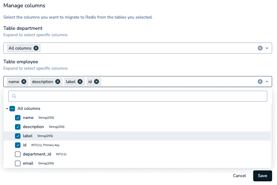 The manage columns screen, with a few columns selected from one table