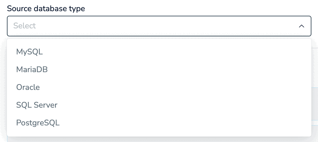 The select source database type list.