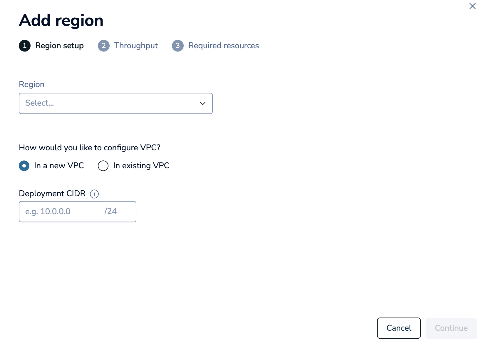 The Region setup step.