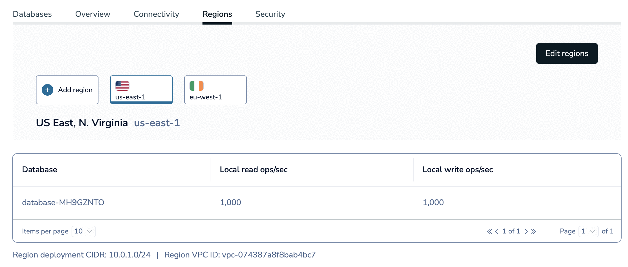 The Regions tab lets you manage the regions in your Active-Active subscription.