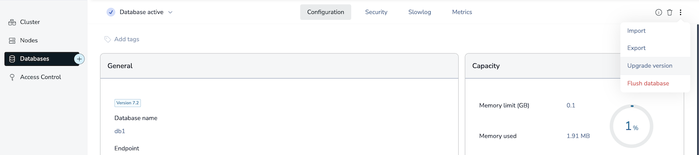 The upgrade version option is selected in the more actions list.