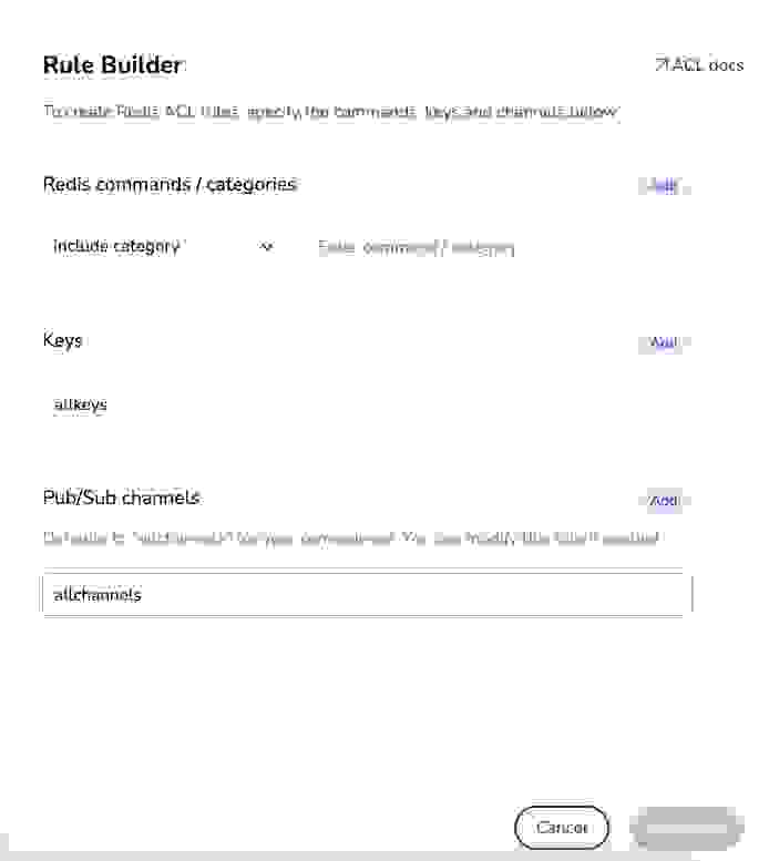 Rule builder interface for creating REdis ACL rules