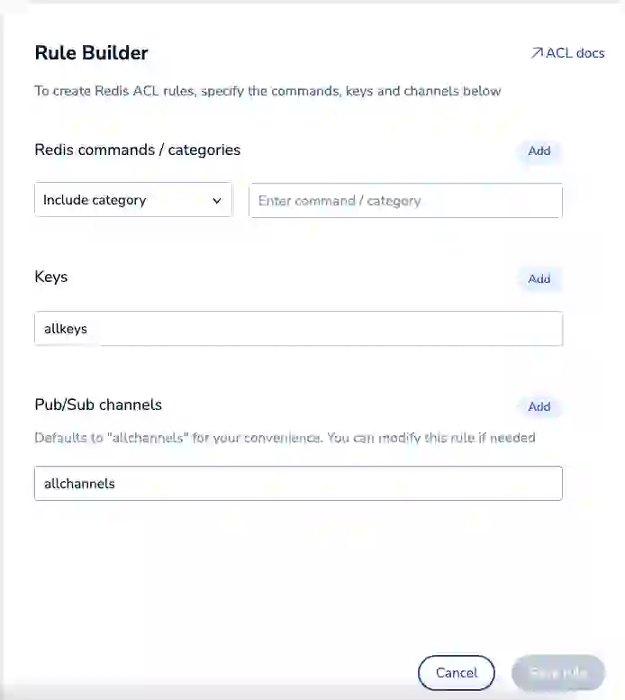Rule builder interface for creating REdis ACL rules